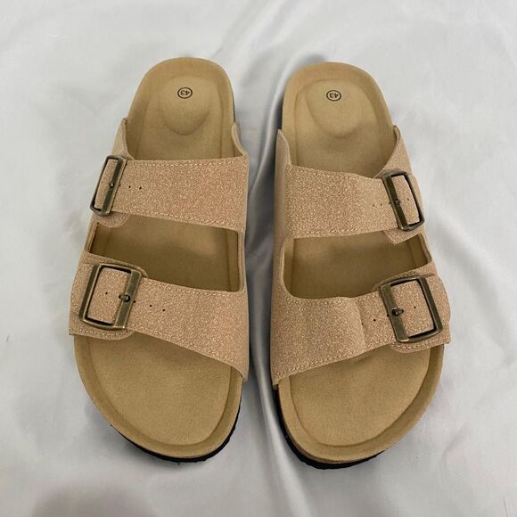 Boho Tan Brown Faux Suede Brassy Gold Buckle Sandals / Slides EU 43 US 12 - Picture 2 of 5